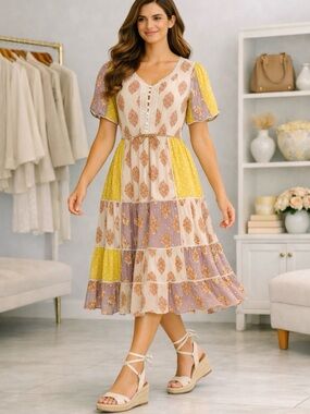 Anthropologie Patchwork Tiered Midi Dress in Yellow & Lavender